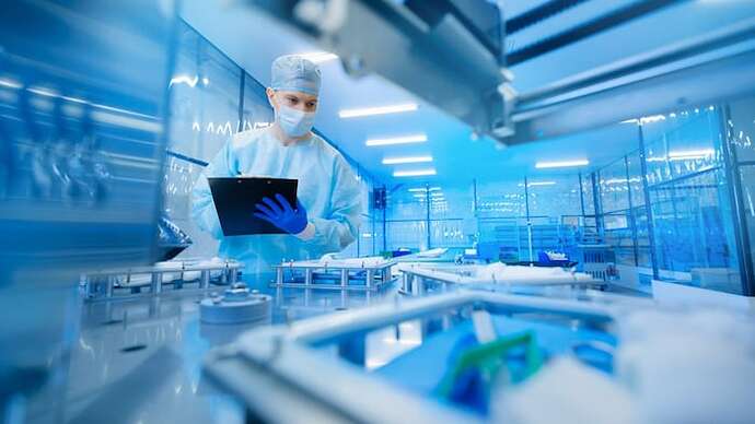 Pharmaceutical factory worker operating production line at pharmacy industry, man use clipboard for control quality. Blue light toning, manufacturing surgery kit box.